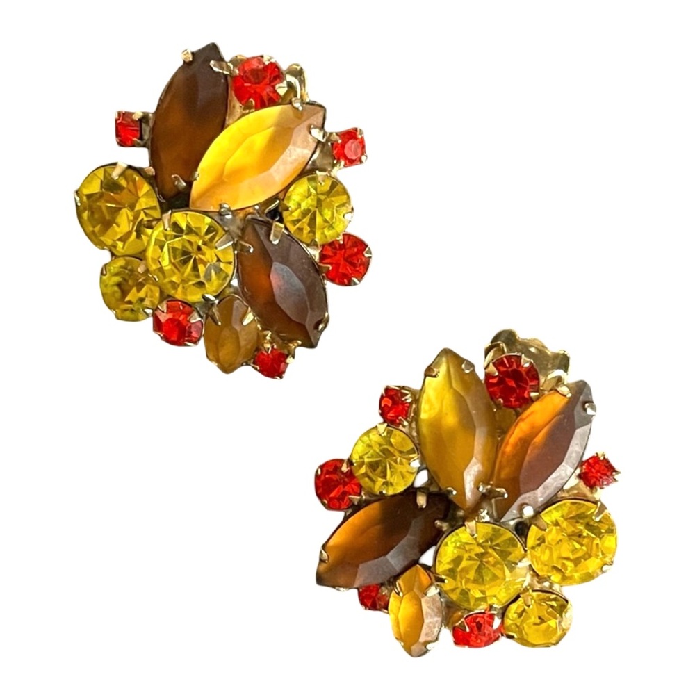 Vintage Rhinestone Clip On Earrings Autumn Color Palette